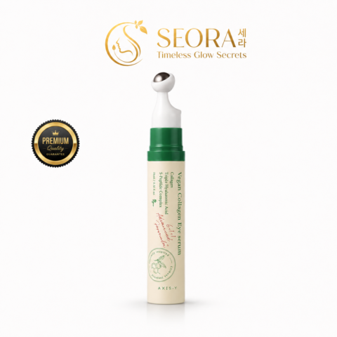AXIS-Y Vegan Collagen Eye Serum 15ml with cooling metal applicator for under-eye hydration, puffiness reduction, and wrinkle care in elegant Korean skincare packaging.
