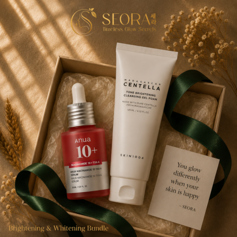 باندل تفتيح كوري للبشرة يحتوي على سيروم Anua Niacinamide 10+ TXA 4 وغسول SKIN1004 Madagascar Centella لتنظيف البشرة وتوحيد لونها من Seora Glow Secrets Korean brightening skincare bundle featuring Anua Niacinamide 10 TXA 4 Serum and SKIN1004 Madagascar Centella cleansing foam in luxury Seora packaging