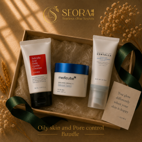 باندل كوري للبشرة الدهنية يحتوي على غسول COSRX Salicylic Acid وكريم Medicube Zero Pore وواقي شمس SKIN1004 Hyalu-Cica للتحكم في الدهون والمسام من Seora Glow Secrets Korean oily skin skincare bundle featuring COSRX Salicylic Acid Cleanser, Medicube Zero Pore Cream and SKIN1004 Hyalu-Cica Sun Serum in luxury Seora packaging