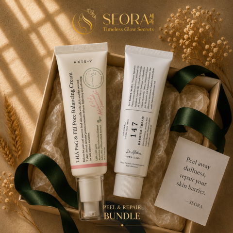 AXIS-Y LHA Peel & Fill Pore Balancing Cream with Dr. Althea 147 Barrier Cream skincare bundle for exfoliating, repairing skin barrier, and achieving smooth glowing skin from Seora.